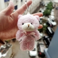 Pink curly plush teddy bear keychain with a love ribbon and silver ball chain strap - Pink LOVE Bowtie Bear