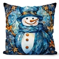 Blue stained glass style Christmas pillow cover with a cute snowman pattern for holidays - Snowman Blue Hat Stained Glass
