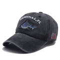 Vintage washed dark grey cotton baseball cap with shark embroidery and US flag detail - Adjustable / Black and Gray