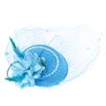 Blue fascinator hat with elegant mesh veil, mesh flowers, feathers, and pearl details - Sky Blue