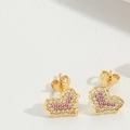 Macro shot of gold heart stud earrings featuring pink and white pavé zircon stones - Pink (ES2607)