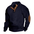 Navy blue men's cable knit sweater with stand collar and brown elbow patches - S / Navy Blue