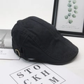 Classic black cotton canvas flat cap with adjustable brass buckle and side stitching - Black