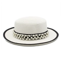 Sombrero boater de paja blanco con cinta de perlas negras y ala ancha para protección solar - M (56-58cm) / Blanco