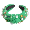 Green fabric knotted headband with white pearls and multicolored gemstone accents - Light Green