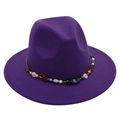 Detail of purple felt fedora hat featuring an ethnic style beaded band with wooden accents - One Size / Dark Purple (Obsidian Decoration)