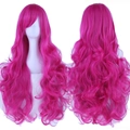 Long wavy rose red cosplay wig with bangs shown in front and back view on white mannequin - Rose Red