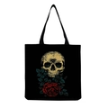 Close-up of black canvas tote bag featuring vintage skull and red roses graphic print - Vintage Style Skull and Red Roses Print (hm6661)