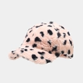 Detailed close-up of soft pink faux fur texture with black spotted pattern on a baseball cap - Pink and Black Leopard Spots