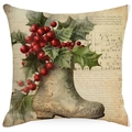 Vintage Christmas cushion cover featuring a festive boot with holly leaves on sheet music - YMD511-17 (Vintage Boot Container)