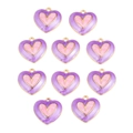 Detailed view of ten purple and pink enamel heart charms with gold trim and top rings - Purple