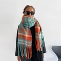 Detail of soft mohair scarf with orange and blue stripes and long fringed tassels - Cyan