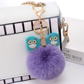 Purple faux rabbit fur pom pom keychain with blue owl bow and golden lobster clasp - Taro Purple - Soft Glue Bow