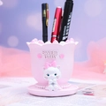 Pink cartoon pen holder featuring 3D Sweet Baby lettering and cute kitten relief design - Pink Sweet Baby Cat Pen Holder (991-6 Pink)