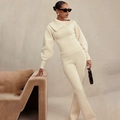 Women's chic beige knitted two-piece set with off-shoulder sweater and wide leg pants - White