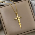 Gold stainless steel cross necklace featuring an artistic Trust letter pendant on silk - Trust / Gold