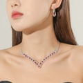 Silver-tone jewelry set featuring elegant oval red rubies and V-shaped crystal necklace - Red Gemstone Silver 2-Piece Set(DTN14027052R)