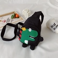Kids black nylon chest bag with cute green dinosaur patch and adjustable strap - Black