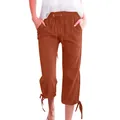 Detail of caramel cotton linen cropped pants with drawstring waist and bow tie hem - S / Orange Red