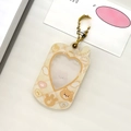 Cream puppy acrylic photo card holder with heart window and gold beaded chain - Yellow Plaid Bear (OHH! 05:20)