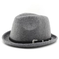 Vintage grey wool felt jazz hat with black leather band and silver buckle on white background - M (56-58cm) / Marl Grey