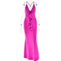 Detail of fuchsia evening gown featuring a large 3D fabric flower and ruffled hemline - S / Rose Red