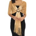 Dettaglio dello scialle dorato in maglia glitterata con fibbia nera tonda e nappe finali - 190cm / Oro + Anello Nero (4#)