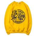 Bright yellow crewneck sweatshirt featuring a skull gesture and text graphic print - Yellow (Style 2)