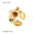 Vintage gold stainless steel triple-band ring with brown and green gemstones - Three-layer Textured Gemstone Style (HF-J1314)