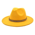 Detailed shot of yellow fedora hat with rhinestone and rivet studded brown leather band - M (56-58cm) / Yellow