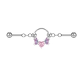 Detailansicht eines Industrial Barbells mit rosa Herzstein und lila Schmetterlingsdesign - Schmetterling Herz Stil(ZN2312260007)