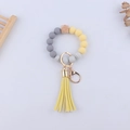 Yellow and grey silicone bead keychain wristlet with faux leather tassel and wood bead - Yellow