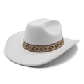 White vintage felt fedora hat with embroidered diamond pattern ribbon in a classic cowboy style - M(56-58cm) / White