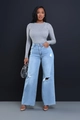 Women high waisted ripped wide leg jeans in light blue wash with stylish distressed details - S / Light Blue