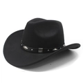 Classic black wool felt western cowboy hat with studded leather band on white background - M (56-59cm) / Black (Rhombus Belt)