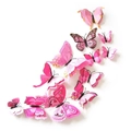 Set van 12 roze 3D decoratieve vlinder muurstickers met realistische vleugels en patroon - Magnetisch + Zelfklevend / Roze Dubbellaags 24Stuks