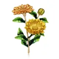 Exquisite sunflower brooch with yellow enamel petals and green leaf on white base - Gold Flower