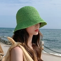 Chic vibrant green woven straw bucket hat for women on a sunny beach vacation - M (56-58cm) / Green