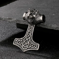 Vintage Thor's Hammer pendant with lion head carving in retro silver steel - 56*37mm Lion Head Mjolnir (KP53895-BD) / Antique Silver