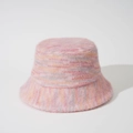 Detailed view of pink plush knit bucket hat with yellow and grey striped fuzzy texture - Sakura Pink