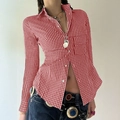 Women's Y2K style slim fit long sleeve button shirt with red and white plaid pattern - Burgundy