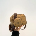 Brown printed 2-piece camera bag with adjustable shoulder strap and small round coin purse - Yellow Brown