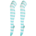 Thigh-high over-knee socks featuring mint green and white stripes in a flat lay view - Lake Blue & White Wide Stripes