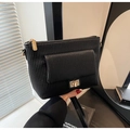 Detailed view of black pleated crossbody bag with gold square metal twist lock and texture - Black
