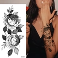 BK-015 black and white sketch rose tattoo sticker shown on arm and as a flat pattern - Pattern BK-015