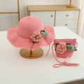 Detail of pink straw sun hat and matching bag set with floral decor for girls - Watermelon Red Hat + Bag