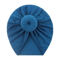 Detail of soft blue knit donut turban hat for babies showing fabric texture and knot - Navy Blue