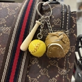Three-piece baseball keychain with wooden bat, yellow ball, and brown leather glove - 2CM Short Bat Yellow Ball Khaki Glove