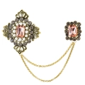 Vintage gold brooch pin with pink crystal, pearls and hanging double metal chains - TL25049-Pink-Antique Gold