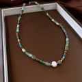 Handcrafted beaded necklace with pearls, turquoise stones and gold accents in a vintage style - Retro Green Natural Stone Beaded (55#)